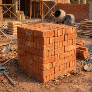 Stack of clay bricks ready for construction at mosque building site