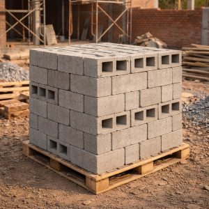 Stack of concrete blocks on pallets at a construction site for mosque building