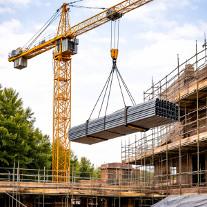 Crane lifting steel beams on construction site