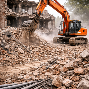 Excavator demolishing old structure